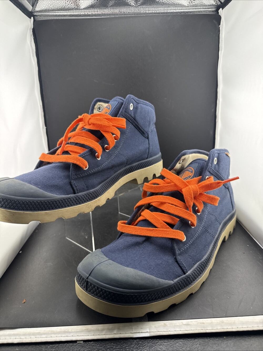 Palladium Pampa Hi Original Navy Canvas Boots Gum Sole Orange Laces Men’s 13